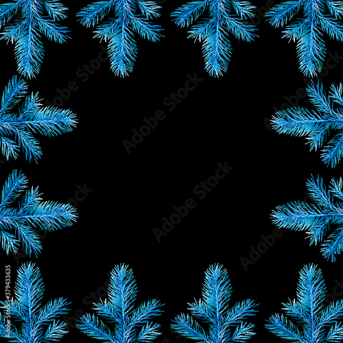Frame of Christmas tree branches in blue tones on a black background. Place text or photo in the center.