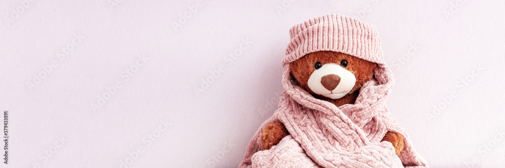 Brown plush teddy bear in knitted sweater and hat, autumn and winter season. Stuffed soft toy wearing cap and scarf, holidays greetings card, website banner with pink copy space. Love and care Brown plush teddy bear in knitted sweater and hat, autumn and winter season. Stuffed soft toy wearing cap and scarf, holidays greetings card, website banner with pink copy space. Love and care