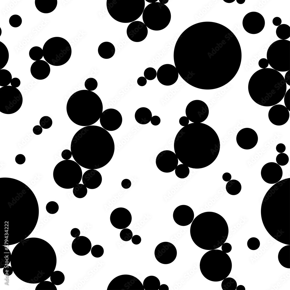 Black circles of different sizes on a white background. Seamless black and white pattern for wallpaper, fabric, wrapping paper Black circles of different sizes on a white background. Seamless black and white pattern for wallpaper, fabric, wrapping paper