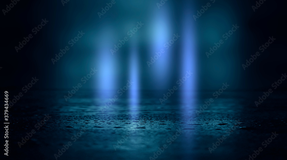 Empty dark room background, street. Concrete floor, asphalt, neon light, smoke, spotlight