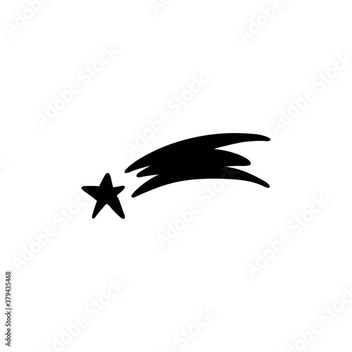 A silhouette of a shooting star and a shining tail. Clipart close-up of a flying star. Vector stock isolated illustration. Celestial concept.