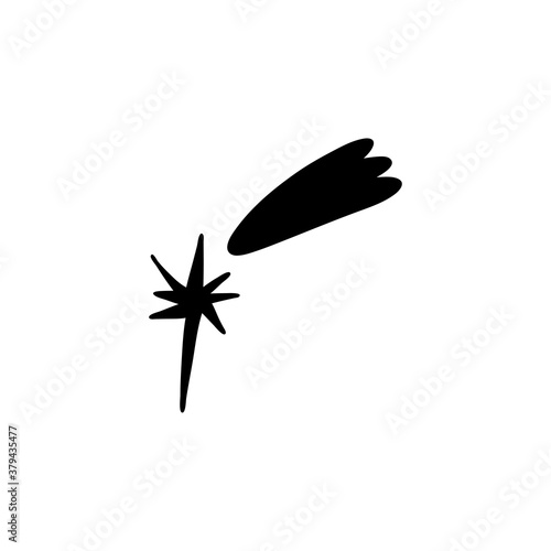 Black silhouette of a shooting star short shining tail. Close-up bright star flies in the sky. Vector stock isolated illustration. Celestial concept.