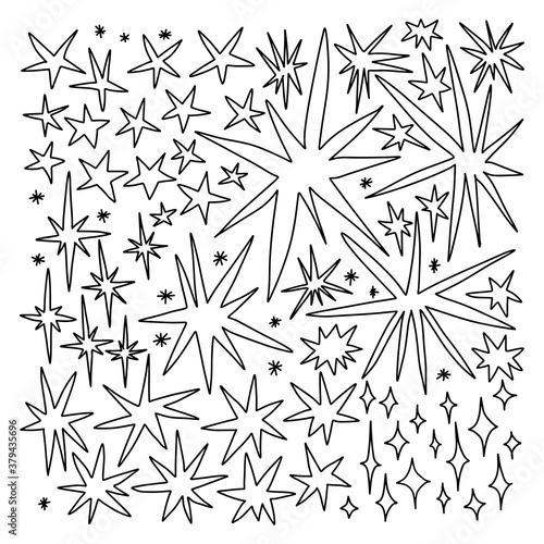 A large set of doodle stars in different sizes and different shapes. The outline of the shining stars. Vector stock illustration isolated on white background.