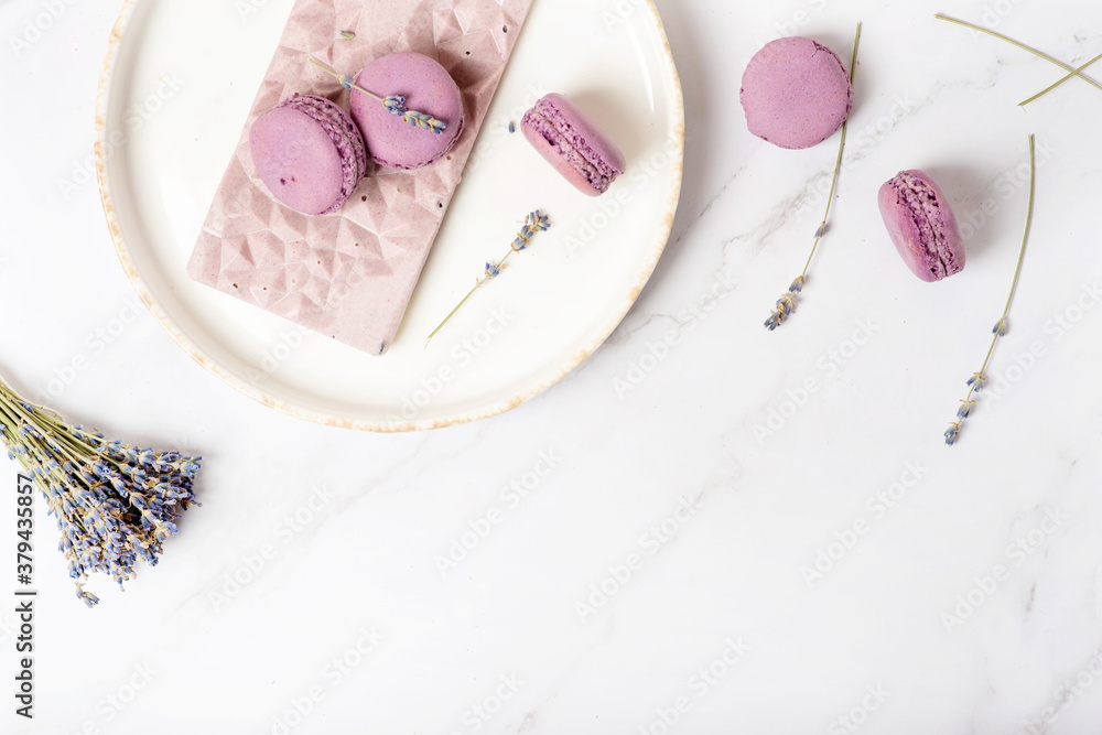 flat lay sweets, pink chocolate with lavender and macaroons flat lay sweets, pink chocolate with lavender and macaroons