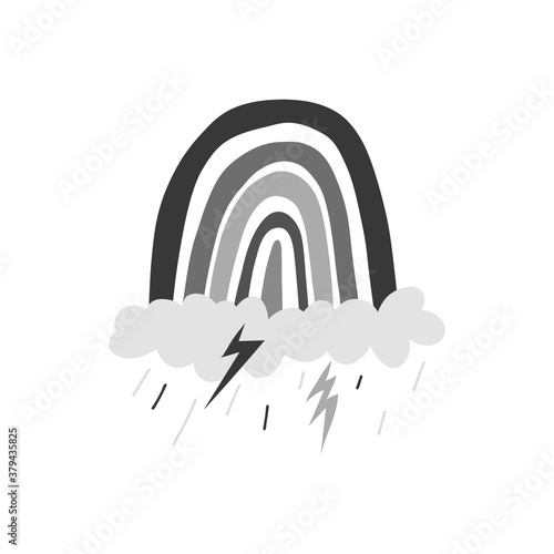 Monochrome rainbow over a cloud with rain and lightning. Vector stock illustration isolated on white background. Close-up rainbow, single.