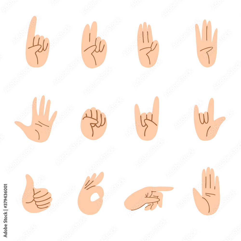 Set of cartoon hands of different gestures. Light skin hand movements one finger, two, three, four, five, fist, thumb up and others. Vector stock illustration isolated on white background. Set of cartoon hands of different gestures. Light skin hand movements one finger, two, three, four, five, fist, thumb up and others. Vector stock illustration isolated on white background.