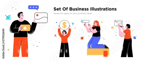 Business Concept illustrations. Collection of scenes with men and women taking part in business activities. Trendy vector style.