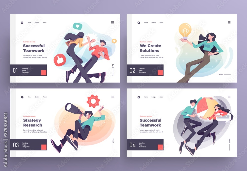 Set of Presentation slide templates or landing page websites design. Business concept illustrations. Modern flat style. Set of Presentation slide templates or landing page websites design. Business concept illustrations. Modern flat style.