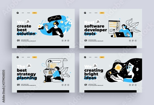Set of Presentation slide templates or landing page websites design. Business concept illustrations. Modern flat outline style.