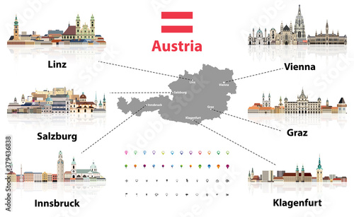 Austria map with main austrian cities skylines' flat style colorful icons. Navigation and location icons set. Vector illustration