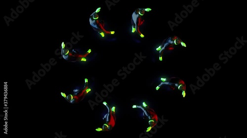 Top view of male dance group performs in futuristic metallic neon costumes, 3D Rendering Animation.