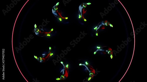 Top view of male dance group performs in futuristic metallic neon costumes, 3D Rendering Animation.