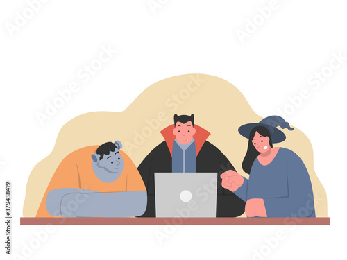 3 People in Halloween fancy clothes looking at one laptop computer. Concept Illustration about enjoy with shopping online on traditional holiday.