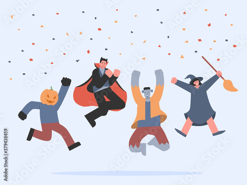 People group in Halloween fancy clothes jumping in the air with ribbon for holiday celebrations with happy. Vampire, Frankenstein, witch, and pumpkin monster in team congratulation action.