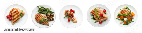 Set of grilled chicken breasts on white background, top view. Banner design