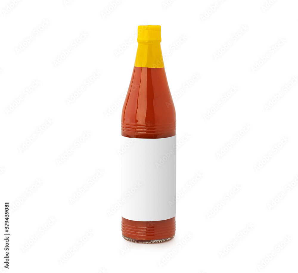 Bottle of spicy, red hot sauce with blank label isolated on white background. Bottle of spicy, red hot sauce with blank label isolated on white background.