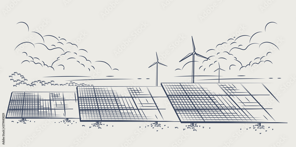 Solar panels and wind turbines or alternative sources of energy. Ecological sustainable energy supply. Vector illustration design. - obrazy, fototapety, plakaty 