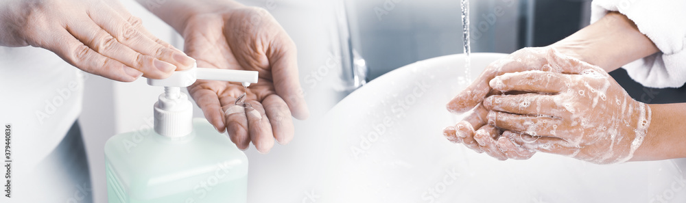 Stop coronavirus spreading. People using sanitizer and washing hands to prevent contamination, banner design Stop coronavirus spreading. People using sanitizer and washing hands to prevent contamination, banner design