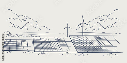 Solar panels and wind turbines or alternative sources of energy. Ecological sustainable energy supply. Vector illustration design.