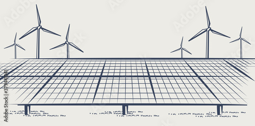 Solar panels and wind turbines or alternative sources of energy. Ecological sustainable energy supply. Vector illustration design.