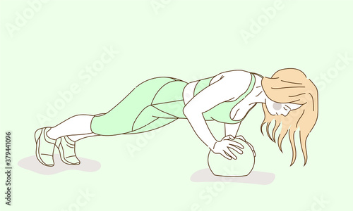 Women training physical fitness out with ball, simple flat vector illustration