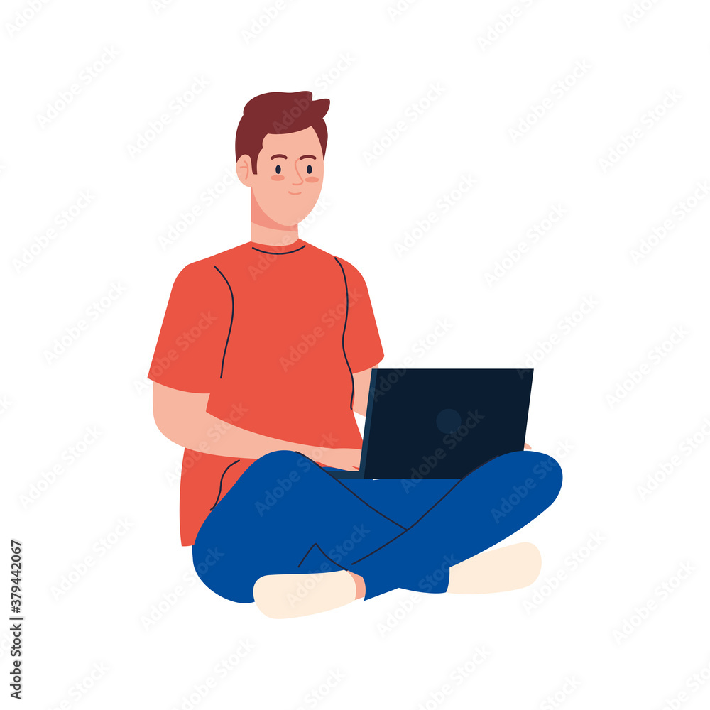Man cartoon with laptop working design of Work from home theme Vector illustration Man cartoon with laptop working design of Work from home theme Vector illustration