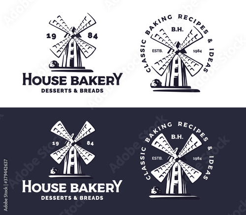 Retro styled windmill badges. Vector logo for bakery business. Black and white version.