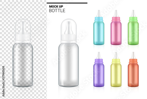 3D Transparent Baby Bottle Mock up Realistic for Milk Drink and Box for Product on White Background Illustration. Health Care and Beverage Concept Design.