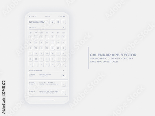 Vector Calendar App Page November 2021 Year with To Do List and Tasks Conceptual UI UX Neumorphic Design Mockup on White Background. Light Neumorphism Elements Planner Application For Mobile Phone
