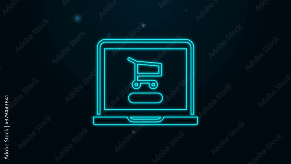 Glowing neon line Shopping cart on screen laptop icon isolated on black background. Concept e-commerce, e-business, online business marketing. 4K Video motion graphic animation Glowing neon line Shopping cart on screen laptop icon isolated on black background. Concept e-commerce, e-business, online business marketing. 4K Video motion graphic animation