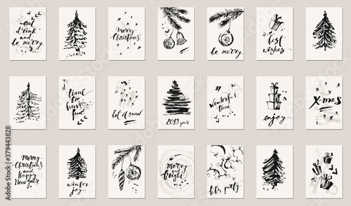 Hand drawn ink Christmas and new year card set