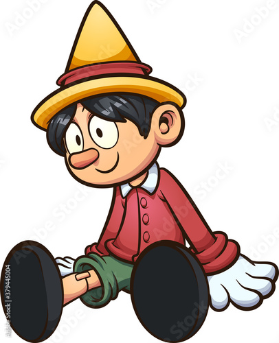 Cartoon Pinocchio marionette sitting with lifeless expression. Vector clip art illustration with simple gradients. All on a single layer.
