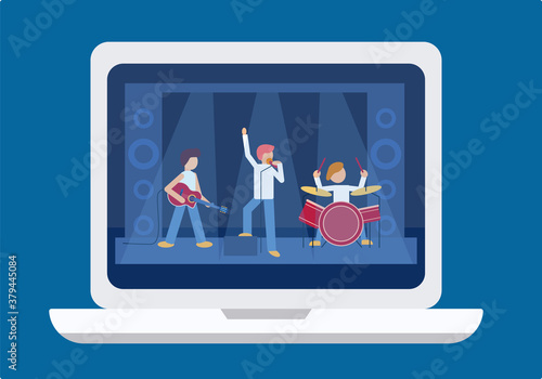 Online concert music festival on laptop screen. Male rock band playing drums, electric guitar. Famous singer sings into microphone. Remote party. Teleconference. Quarantine. Vector flat illustration