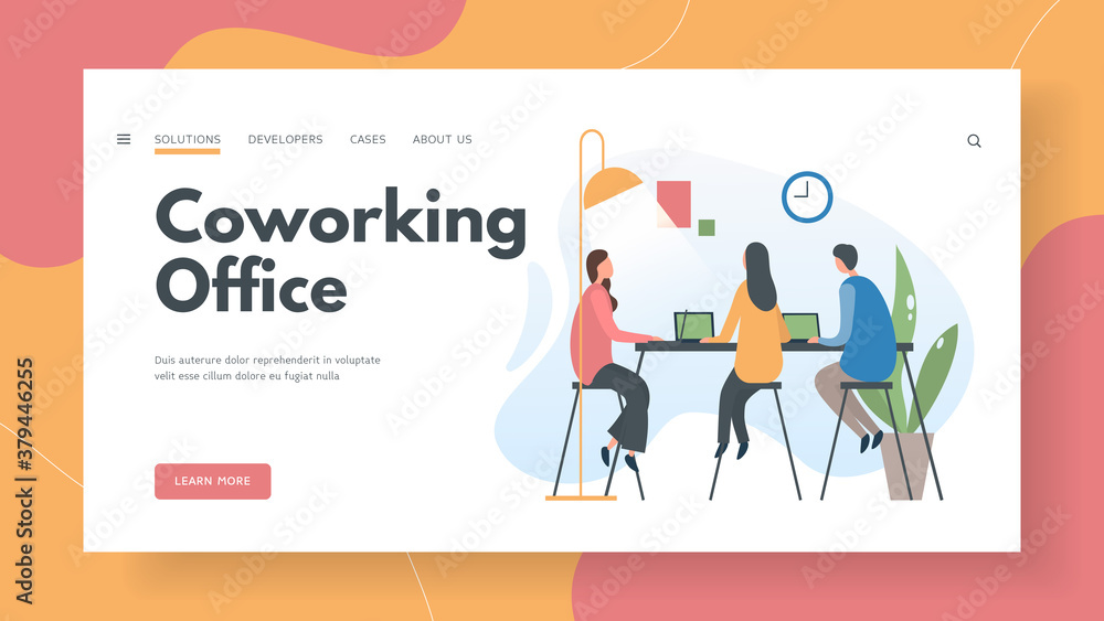 Team web specialists work in coworking office home page template.