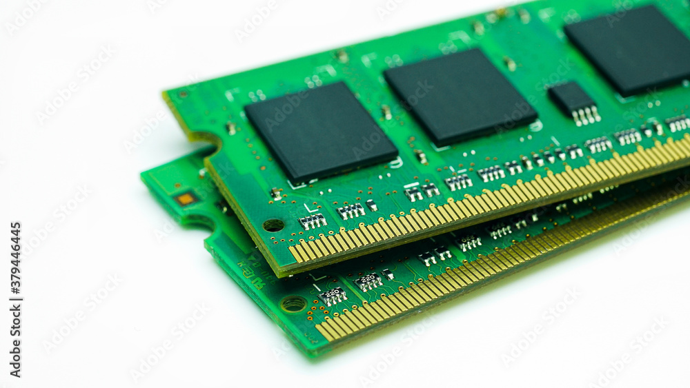 Close-up,computer RAM, system memory computer detail, high resolution, isolated on white background. Close-up,computer RAM, system memory computer detail, high resolution, isolated on white background.