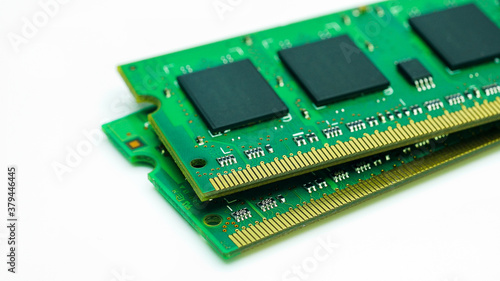 Close-up,computer RAM, system memory computer detail, high resolution, isolated on white background.