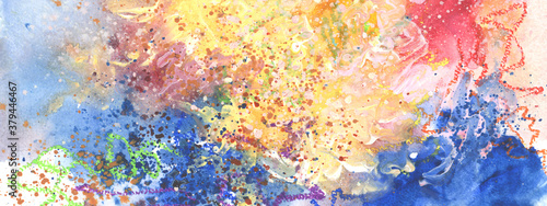 Abstract watercolor smear blot painting. Color long horizontal texture background.