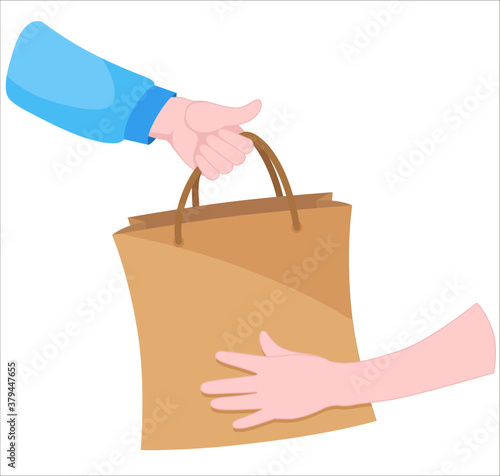 Vector illustration. Hands holding paper eco bag with grocery shopping. Healthy food in a bag, bread, lettuce, water and carrots