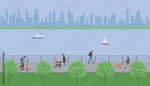 People walk in the city embankment park. Vector illustration.