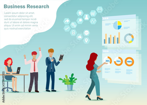 Group of research and development man and woman analysing business from virtual graph charts. Idea for futuristic digital technology in R&D strategic business solution.  