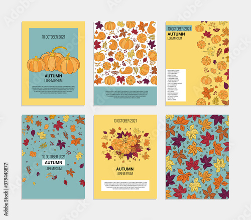 Collection of autumn sales and other typography flyer templates with text. Bright autumn leaves, berries and pumpkins. Poster, card, label, banner design set. Vector illustration