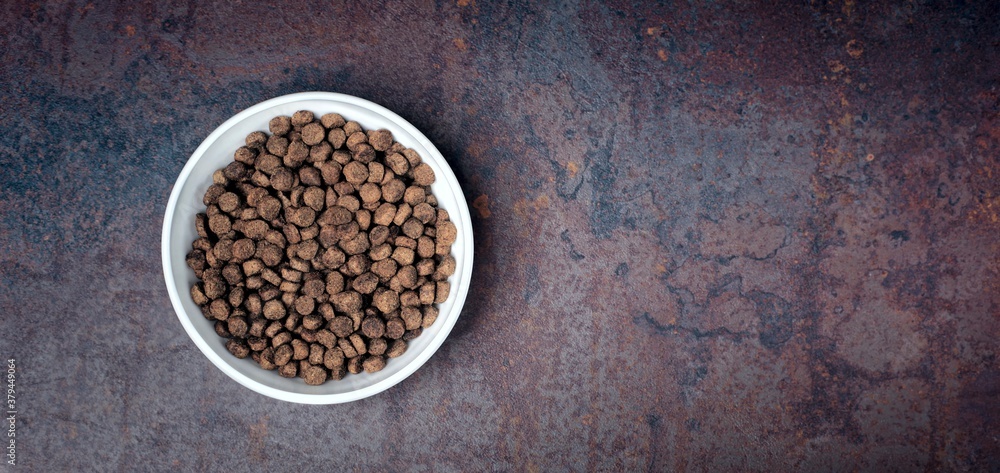 Bowl with dry food for pets on weathered background. Panoramic image with copy space. Bowl with dry food for pets on weathered background. Panoramic image with copy space.
