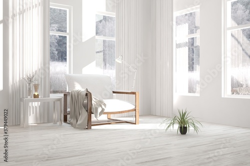 White room with armchair and winter landscape in window. Scandinavian interior design. 3D illustration © AntonSh