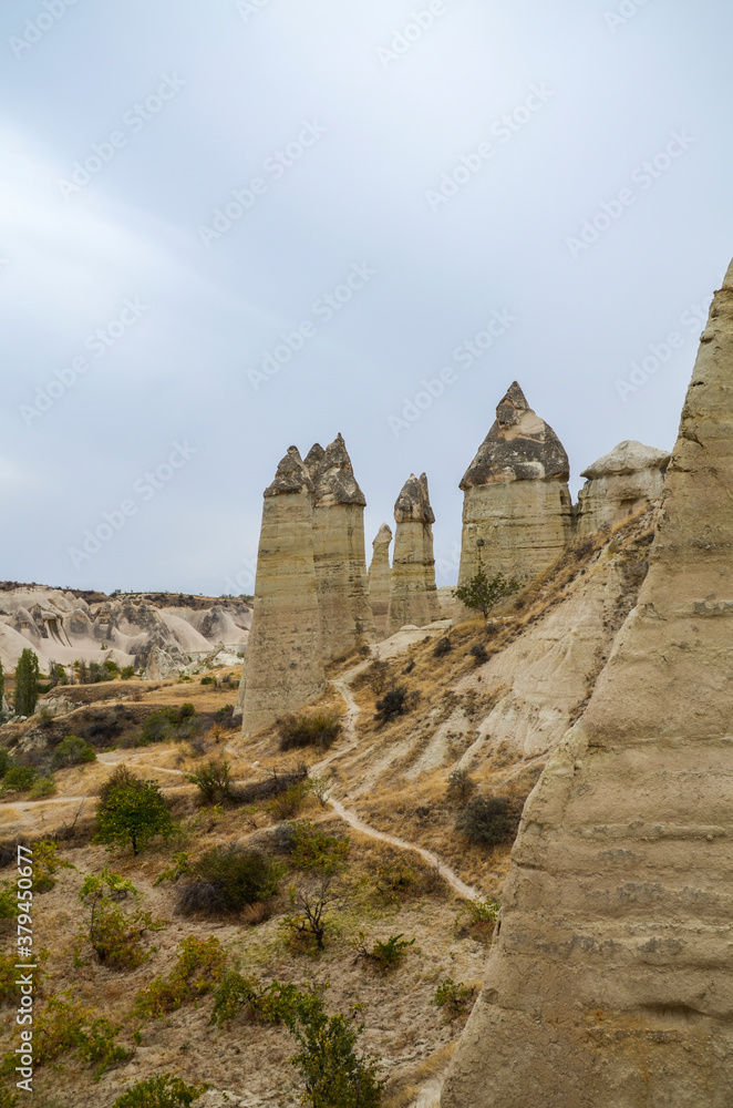 Unique famous limestone rock formations fairy chimney in the Love Valley in Cappadocia, Turkey