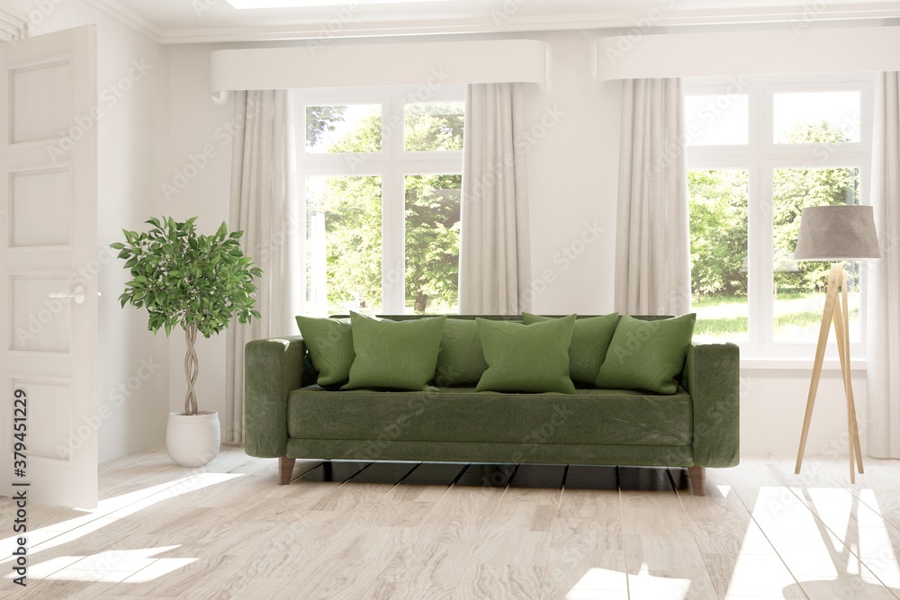 Idea of white room with sofa and summer landscape in window. Scandinavian interior design. 3D illustration Idea of white room with sofa and summer landscape in window. Scandinavian interior design. 3D illustration