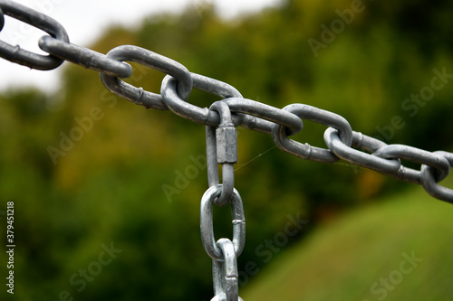 fastened chain with green foliage background