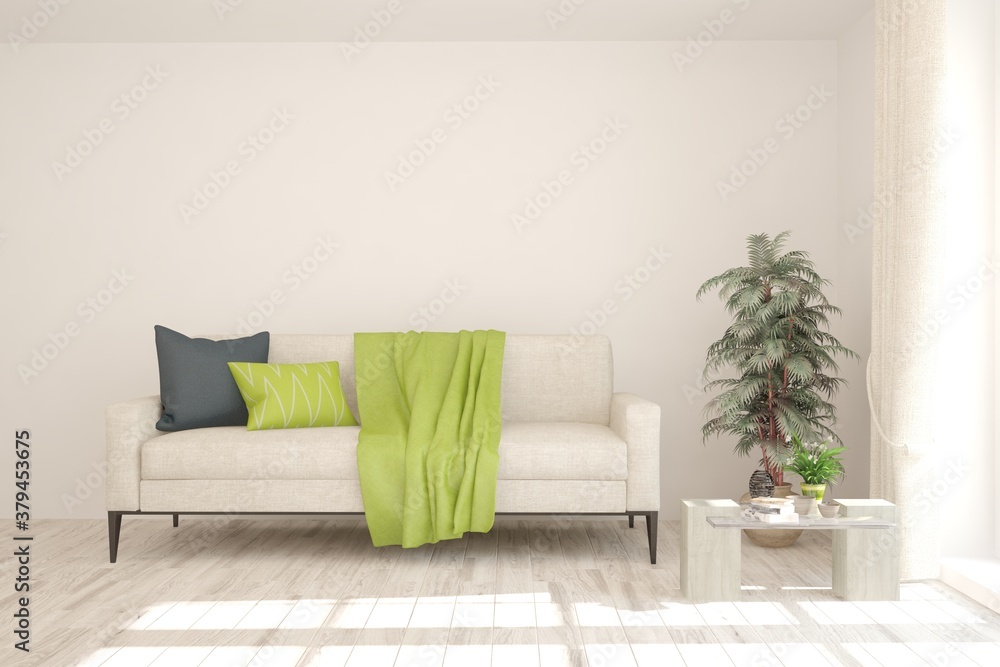 Idea of white minimalist room with sofa. Scandinavian interior design. 3D illustration Idea of white minimalist room with sofa. Scandinavian interior design. 3D illustration