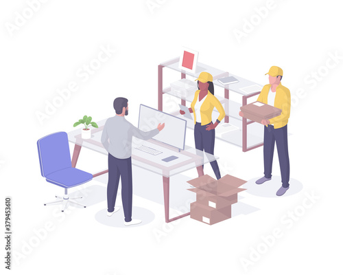 People deliver parcels to office isometry realistic. Male boss character meets in cabinet man and woman in yellow uniform.