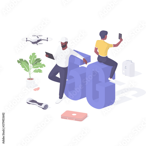 People experiencing highspeed 5g realistic isometric. Man with tablet checks connection quadcopter.