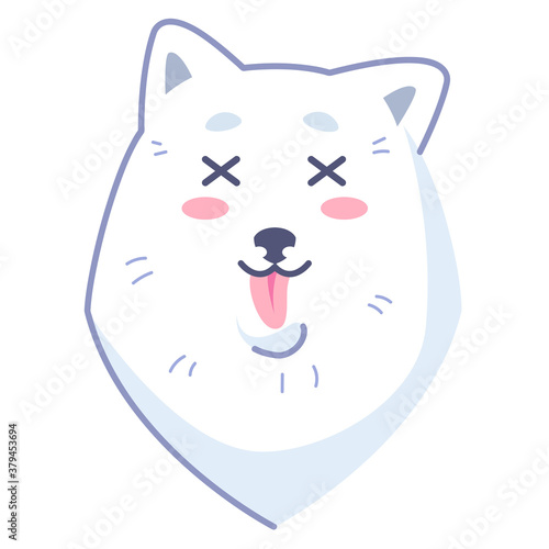 Dog sticker, fatigue emotion. Emoticon for social networks and messengers. White dog pet. Cute kawaii animal in cartoon style. Fainting, disorientation.